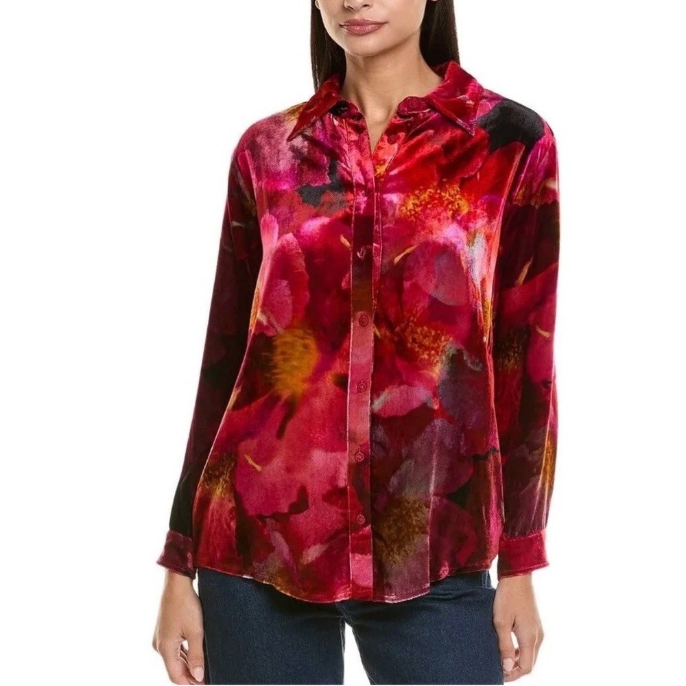 Johnny Was Women's Size XS‎ New Floral Velvet Oversized Silk-Blend Shirt